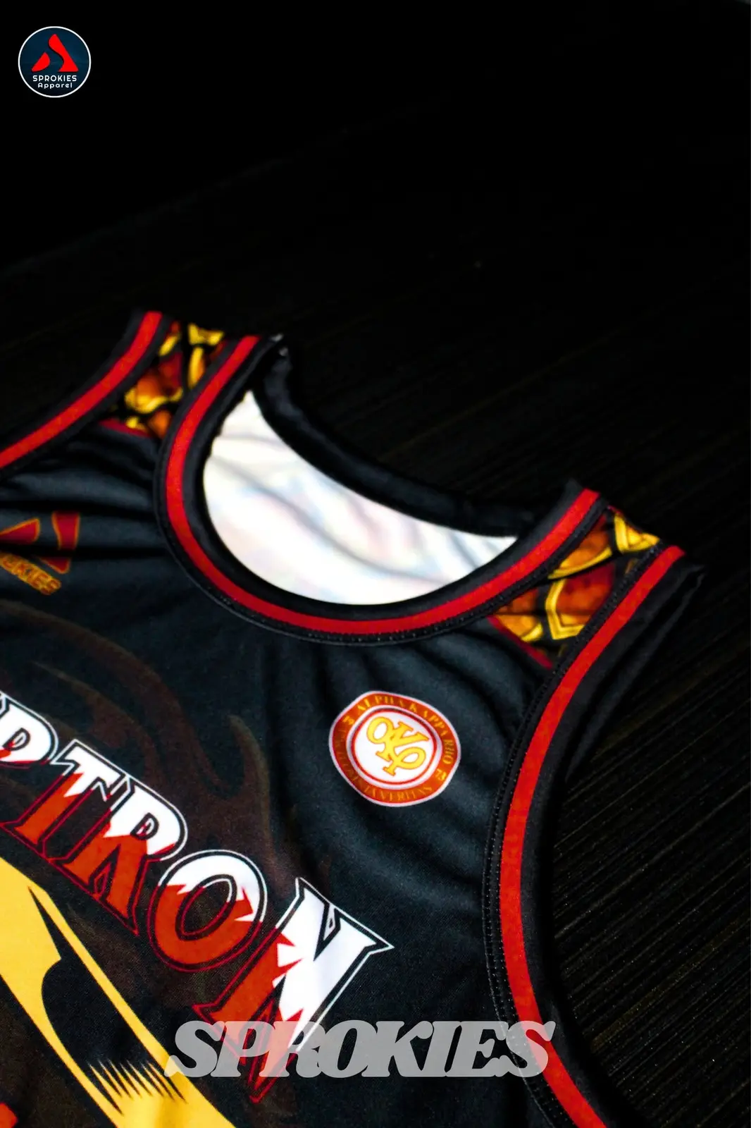 Close-up of a finished black and red Sprokies jersey