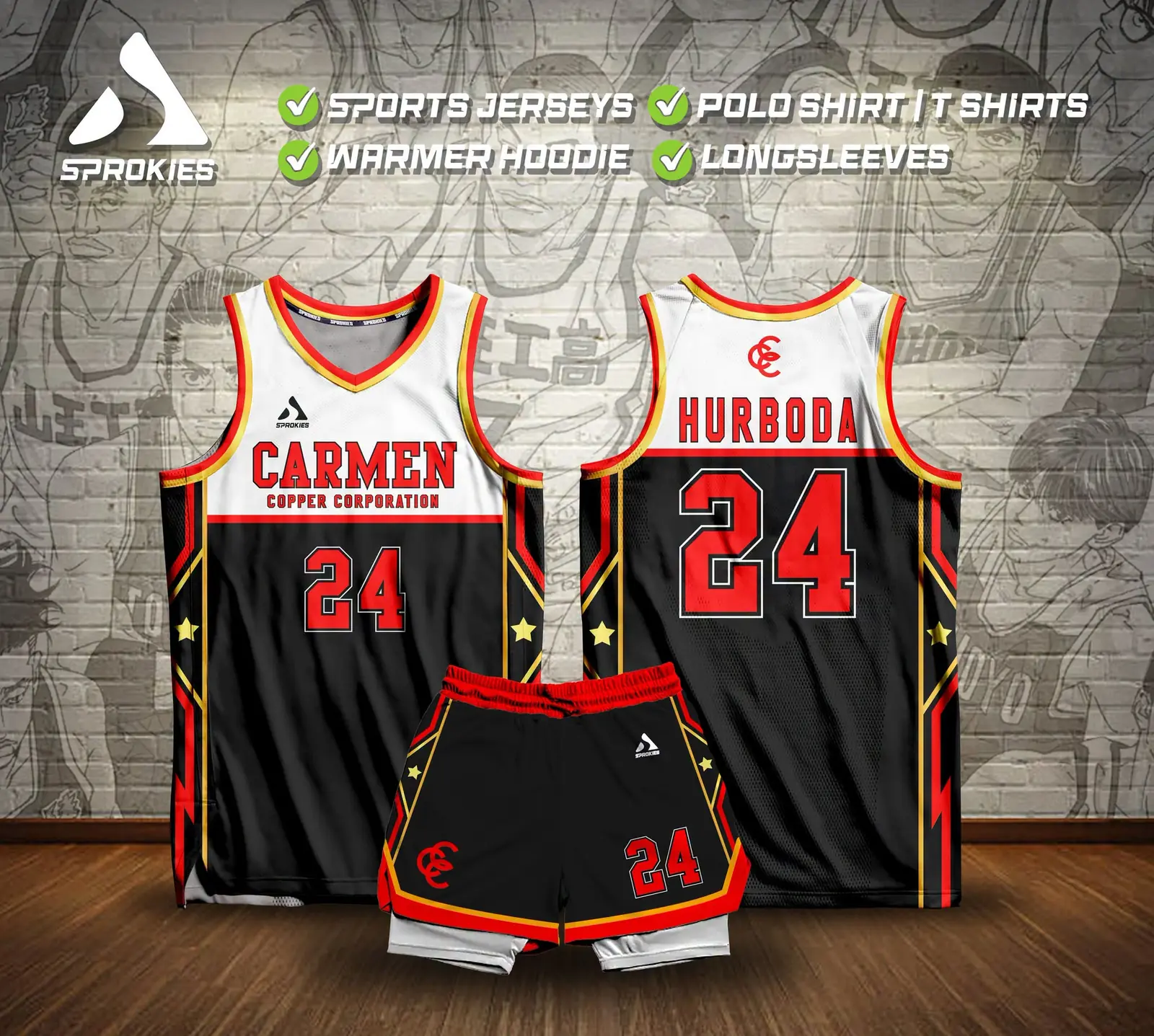 Black red and white basketball uniform set design supplied by Sprokies Apparel