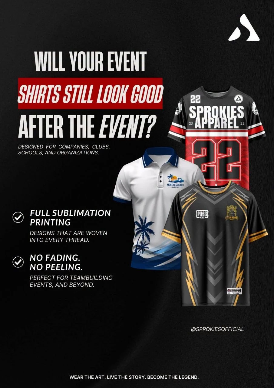 Sprokies promotional artwork explaining full sublimation event apparel